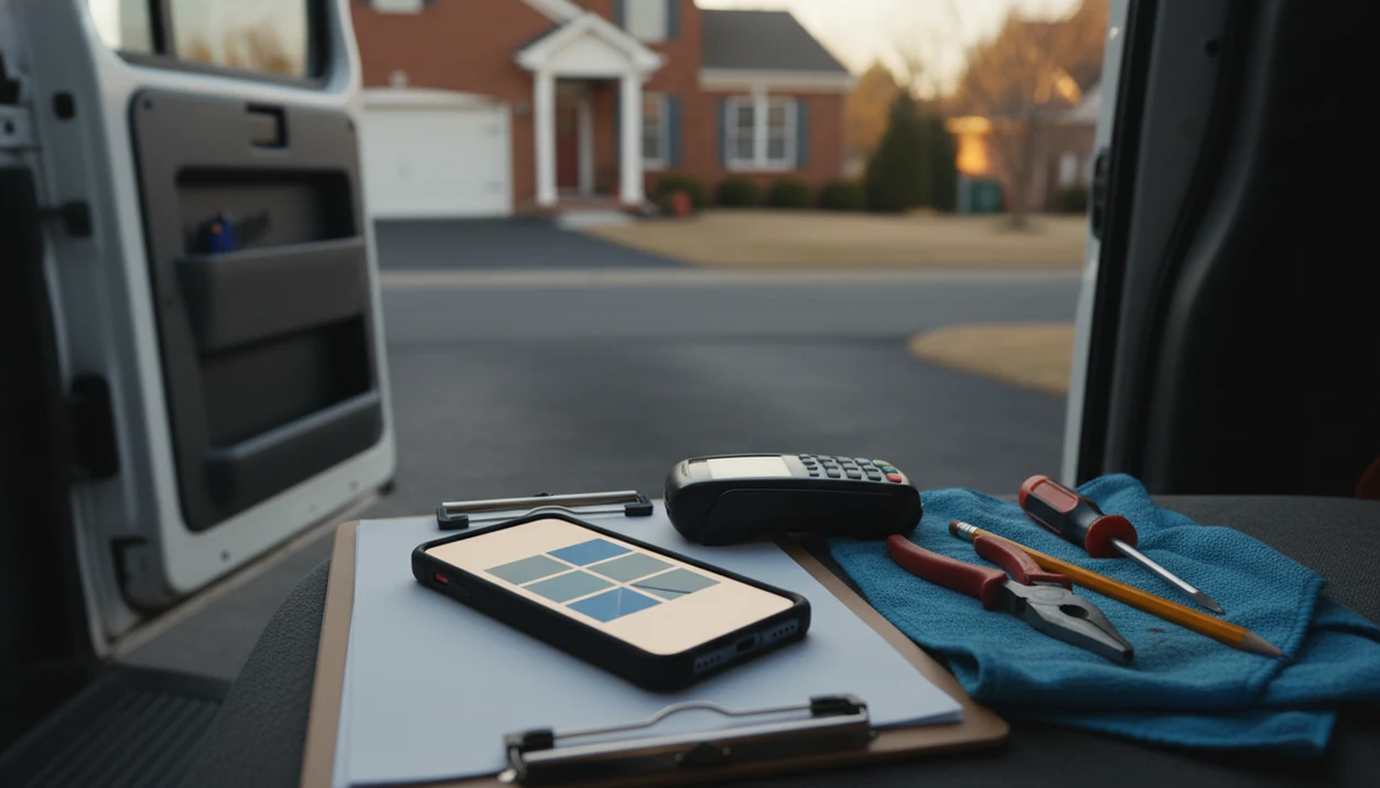 A smartphone, tools, and card reader sit in a work van ready for mobile invoicing after a job.