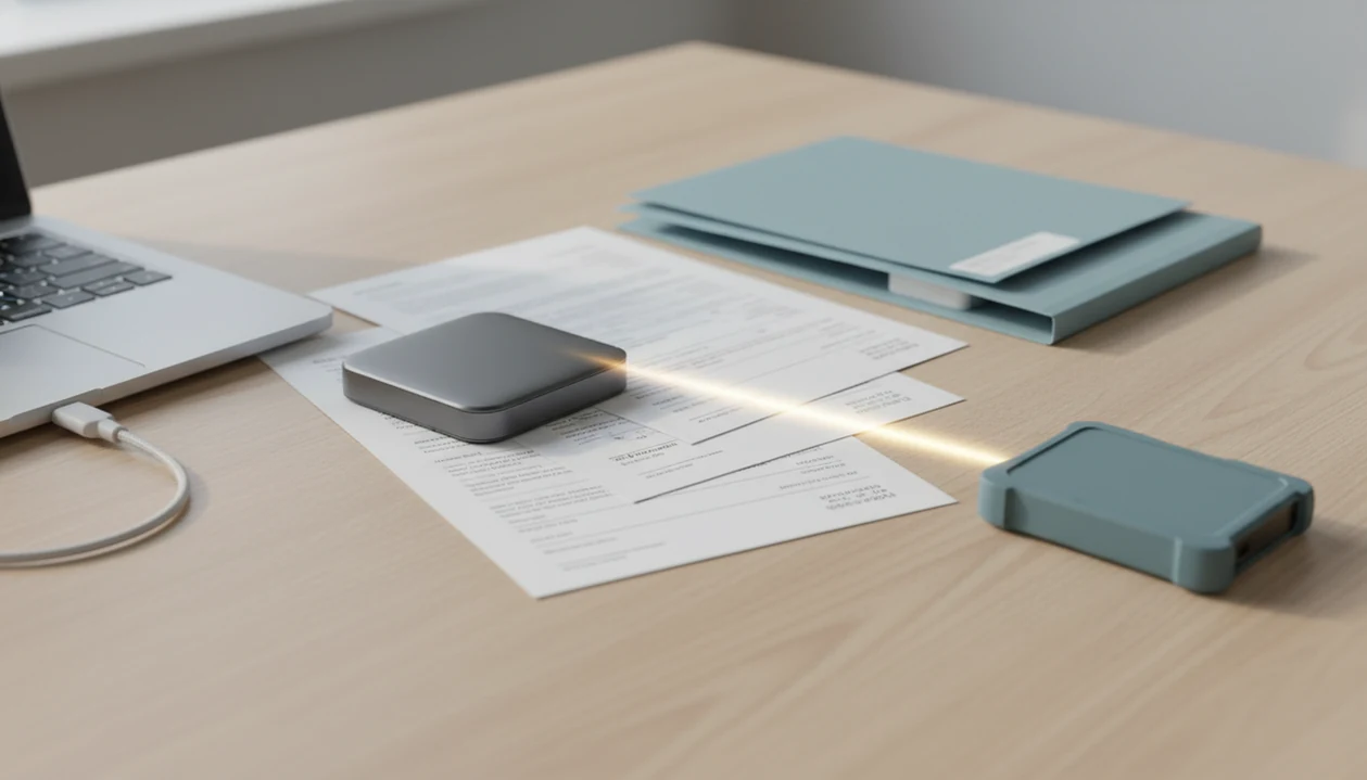 A desk with invoice papers, folders, and a backup drive suggesting invoice data protection.